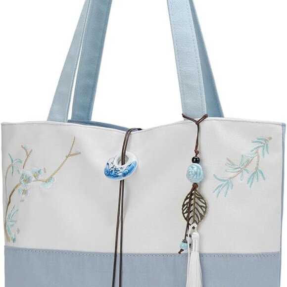 Elegant Vintage Silk Pattern Shoulder Handbag Tote Bag with Pendant and Tassels - Picture 8 of 8